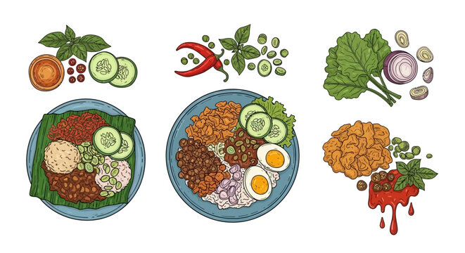 Delicious Malaysian Nasi Lemak with Fried Chicken and Condiments.