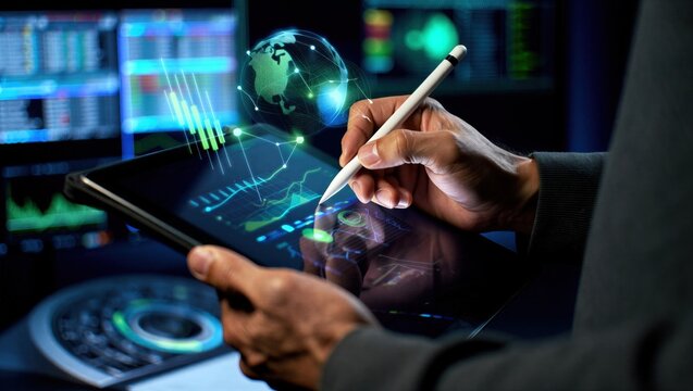 esg, sustainability, energy, renewable, eco, environment, A hand uses a digital pen on a tablet with glowing ESG charts, symbolizing sustainability analysis and green investment.