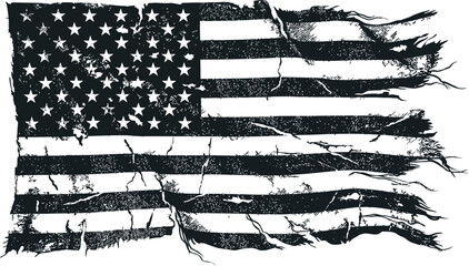 Distressed American flag graphic with torn stripes and weathered texture in monochrome. © pixmastock
