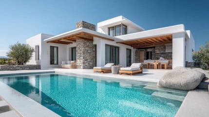 Fototapeta premium Luxury villa with a swimming pool and outdoor seating area on a sunny day