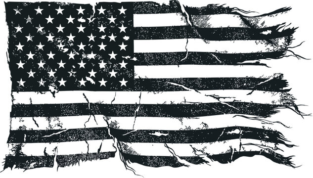 Distressed American flag graphic with torn stripes and weathered texture in monochrome.