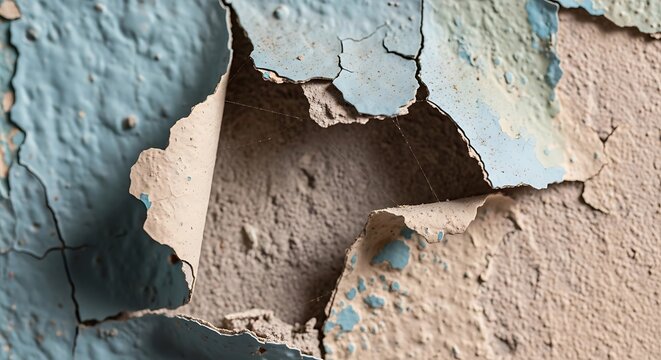 Vivid texture of a distressed wall with multiple layers of paint peeling and crumbling, symbolizing decay and the passage of time