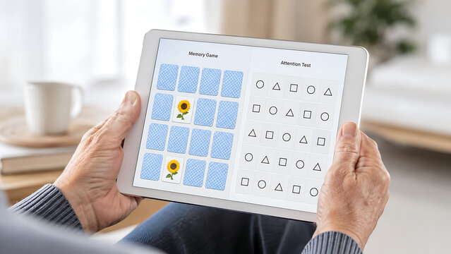 Senior person holding a tablet displaying a cognitive brain training application with memory and attention games to support mental health and dementia prevention.