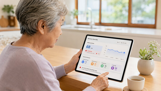Elderly woman monitoring cognitive health and memory performance on a tablet dashboard at home, focusing on brain training and dementia prevention.