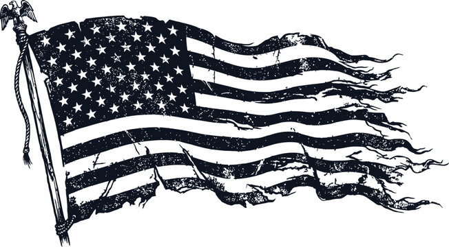 Distressed American flag illustration with torn, weathered stripes and fluttering stars.