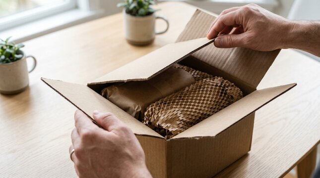 Close-up of hands opening a cardboard parcel box with eco-friendly honeycomb paper wrap packaging on a wooden table.
