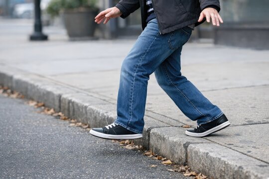 A person walking on a sidewalk with their hands out, possibly looking for something or needing assistance