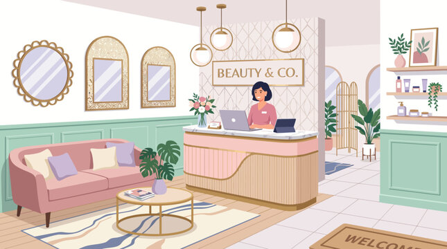 beauty salon interior with reception desk.