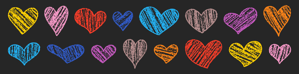 Colorful chalk crayon hearts doodle set on blackboard background. © Nata_Smileyk ッ