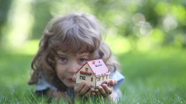A little girl on the green grass in a summer park shows a model of a house. Slow motion