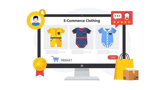 E-commerce clothing products displayed on a computer screen with shopping bags