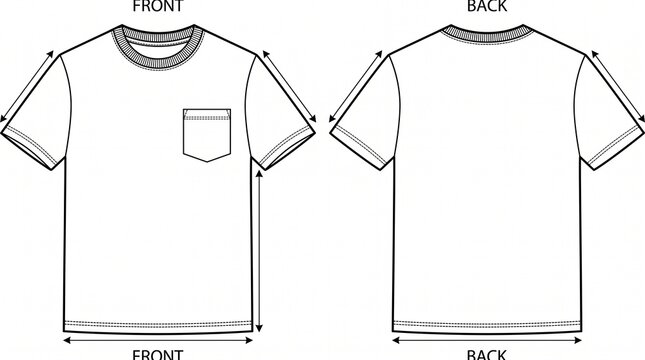 Technical sketch of a t-shirt with front and back views, including measurement guides for garment design and production.
