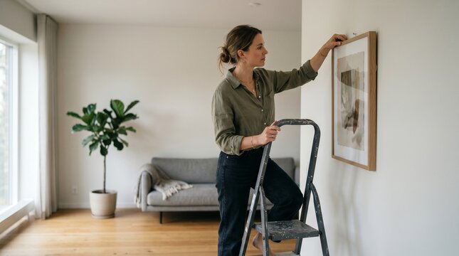 Woman climbing ladder to hang picture on wall in modern living room  