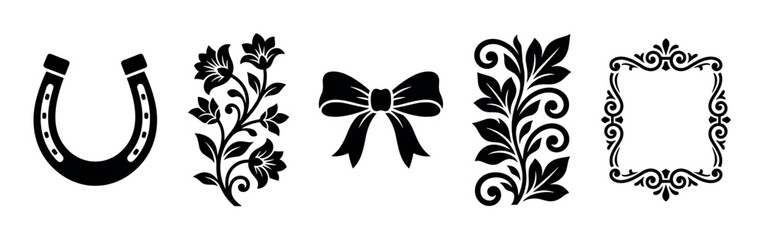 Fototapeta premium Horseshoe, floral design, ribbon bow, scroll ornament, and decorative frame are a collection of elegant black vector graphic elements.