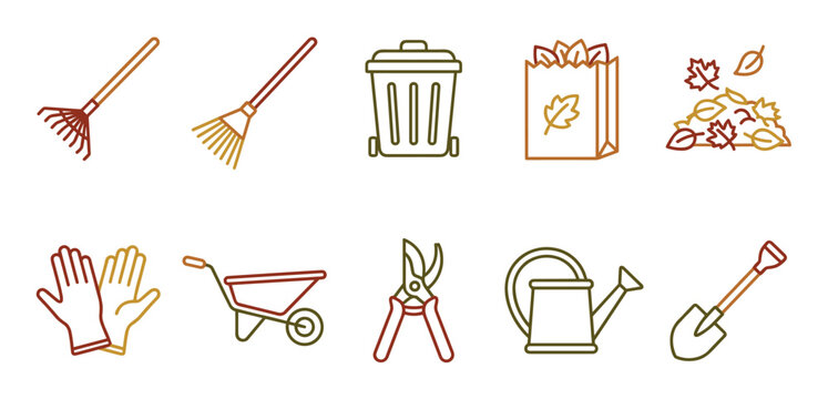 Various gardening tools and autumn cleanup equipment icons are presented in a colorful outline style, perfect for seasonal outdoor tasks.