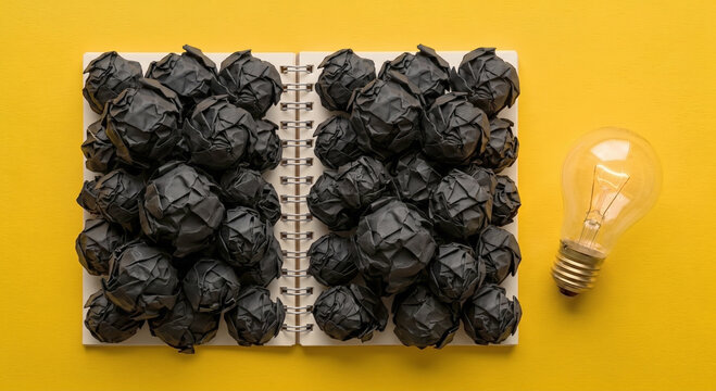 Glowing lightbulb next to a notebook filled with crumpled black paper balls on yellow background.