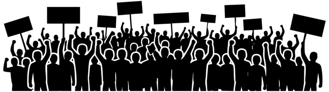 Large group of protesting people holding blank signs in a bold black and white vector illustration
