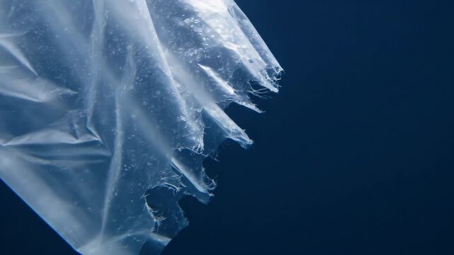 Transparent sheet of plastic drifting underwater. Thin polyethylene material floating in deep blue ocean water. Environmental pollution and marine waste concept