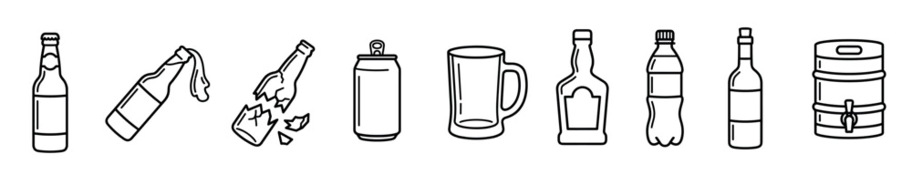 Various beverage containers and drink vessels in a simple black and white outline icon style, including bottles, cans, a mug, and a keg.