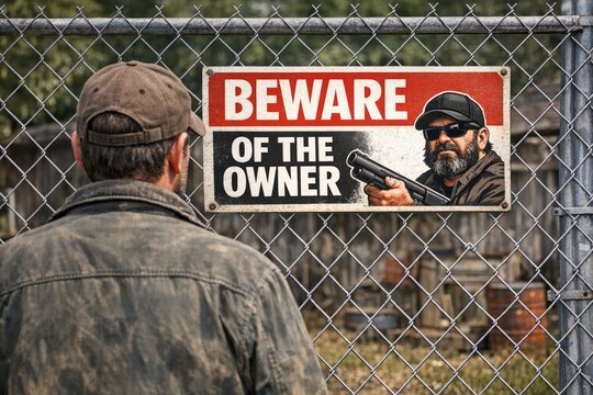A person stands near a fence with a warning sign, cautioning others to be aware of the owner