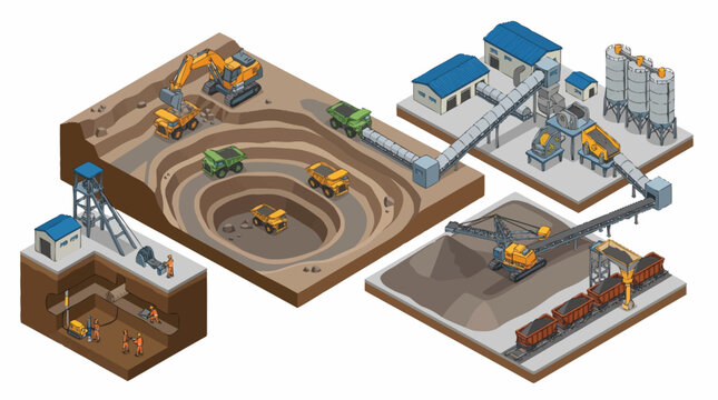 Industrial mining operations and processing plant illustration.
