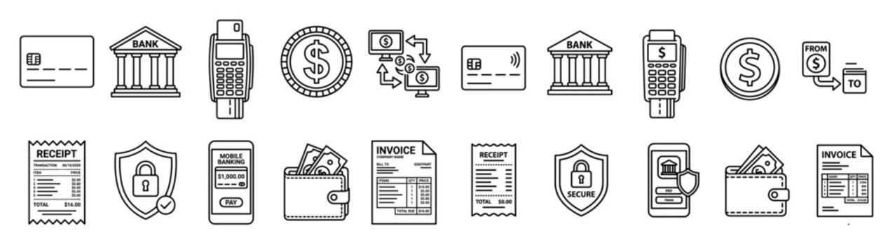 Financial transaction banking payment system icons illustrating various methods for secure digital and traditional money management.