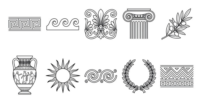 Ancient Greek Roman design elements patterns symbols collection featuring classic motifs like meander, acanthus, amphora, column, and laurel wreath.