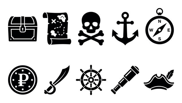 Pirate adventure treasure map skull compass icons and other nautical symbols are arranged in a clean, graphic illustration for themes of exploration and discovery.