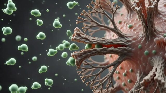 Macro 3D animation of a cell rejecting green glucose particles with a ripple effect, visualizing insulin resistance for medical education