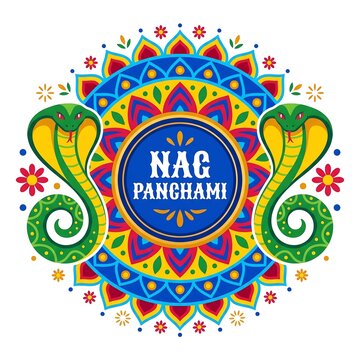 Nag panchami festival illustration with cobras and mandala floral pattern