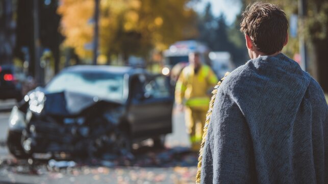 Person observing damaged vehicle and emergency responder after a car collision representing personal injury law aftermath of car accident.