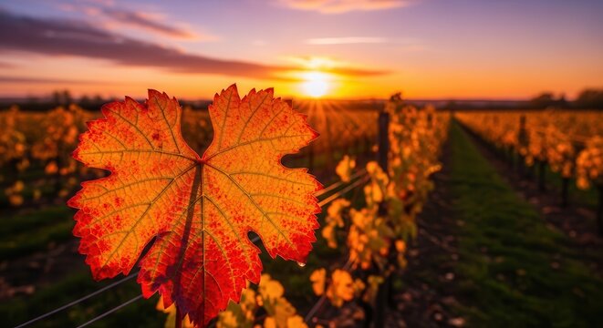 Beautiful orange grapevine leaf in vineyard during sunset.