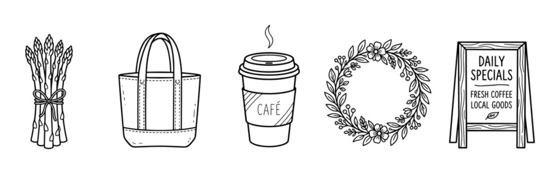 Assortment of hand-drawn market and cafe elements featuring fresh produce, a reusable tote bag, coffee cup, floral wreath, and daily specials sign.