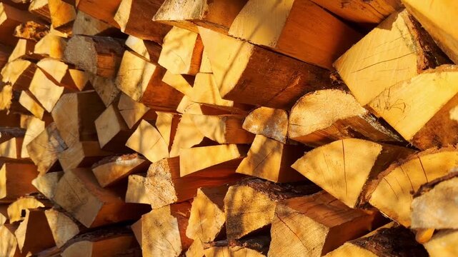 Close-up of split firewood stacked in warm golden sunlight, showing dry logs, sharp cut edges, rough bark, and natural heating material.