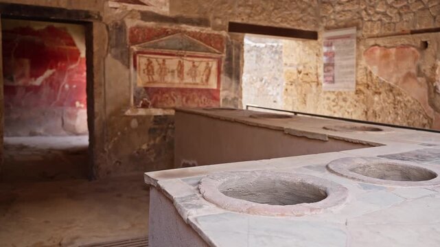 Preserved Pompeii thermopolium interior with marble serving counter, circular dolia openings, red fresco wall art, doorway, and ancient Roman food shop details.