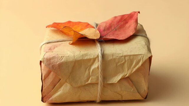 Gift box is wrapped in simple paper. It has a string tying it. Leaves sit on top of the box. The setting is indoors with a light background