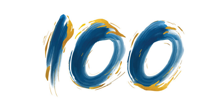 Artistic blue and gold brush stroke number 100 on white background with watercolor artistic creative abstract typography celebration anniversary graphics isolated background birthday