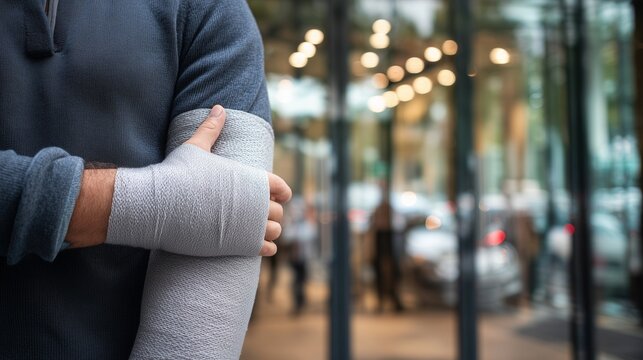 Person with arm cast standing outside a blurred city street symbolizing personal injury law compensation claim and recovery after accident.