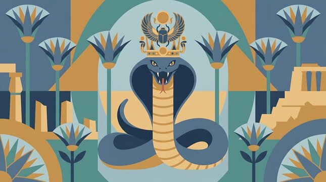 Ancient egyptian cobra uraeus with crown and papyrus design, egyptian