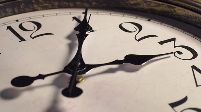 Vintage analog clock face close up. Second hand ticking clockwise across Roman numerals as camera moves in a slow right pan. Macro shot under indoor studio light.