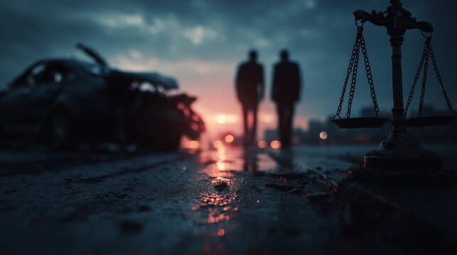 Silhouetted two people at dusk near wrecked car and scattered medical document suggesting personal injury law medical documentation and evidence preservation.