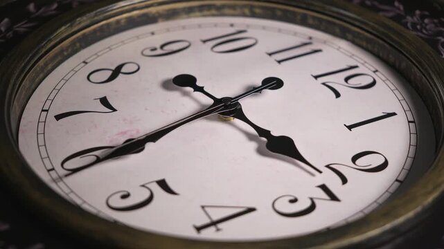 Timelapse static close up shot of a retro wall clock face. Black ornamental hands spin backwards quickly past numbers to show time passing or reversing.