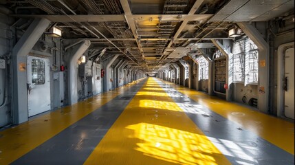 Fototapeta premium Long Aisle with Nautical Theme in Industrial Setting of Ship