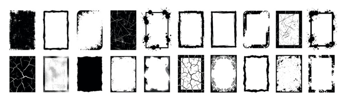Collection of diverse grunge frames, distressed borders, and artistic texture elements featuring ink splatters, cracks, and rough edges for creative design projects.