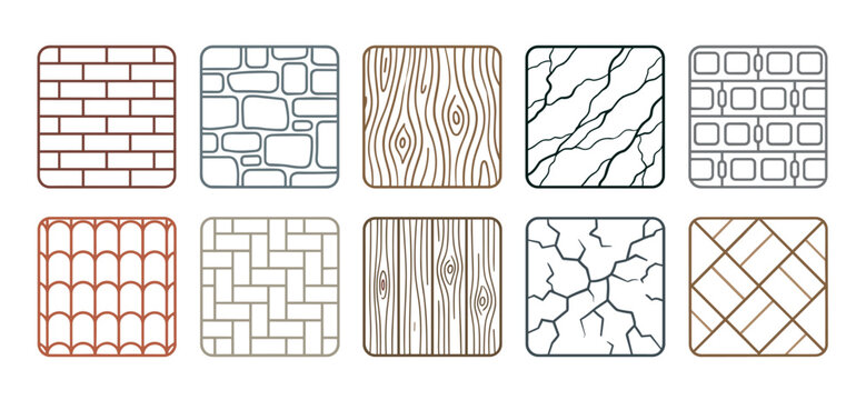 Various architectural material texture patterns including brick, stone, wood, and tile designs for building and interior design concepts.