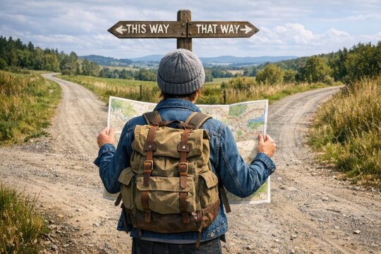A person studying a map while wearing a backpack in the great outdoors