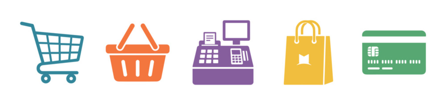 Shopping cart, basket, cash register, bag, credit card icons representing retail, commerce, and payment methods for modern transactions.