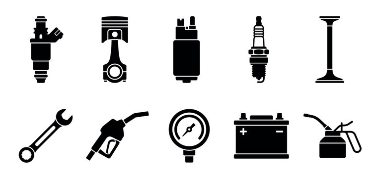 Automotive parts and repair tools vector icons illustrate essential components for vehicle maintenance, engine service, and fuel system operation.