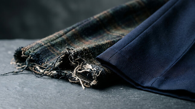Close-up view of patterned trouser fabric with a frayed hem and a dark blue contrasting panel