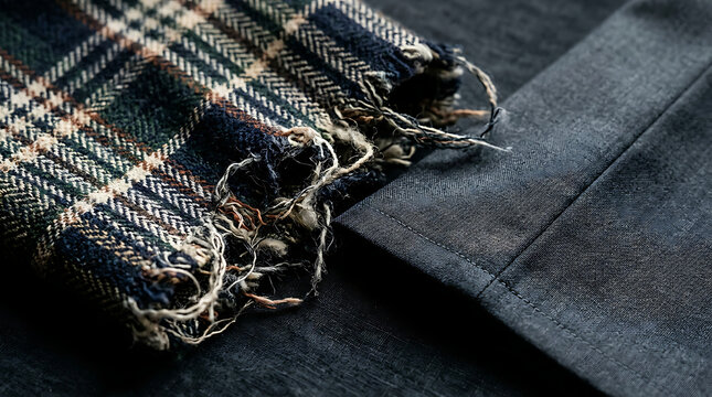 Close-up view of frayed hem patterned textile fabric alongside dark leather material